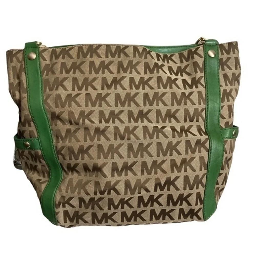 Michael Kors signature mk brown with green leather shoulder bag